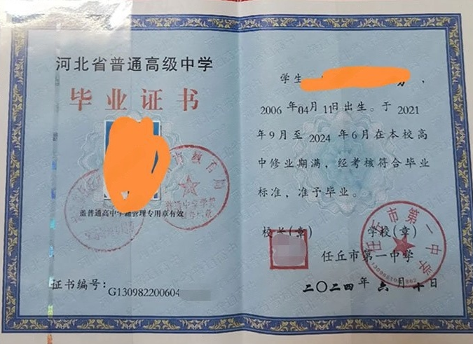 东昌府任丘市第一中学高中毕业证样本图片